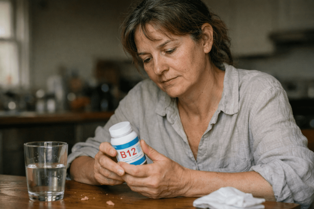 Person examining vitamin B12 supplement bottle for energy and deficiency support