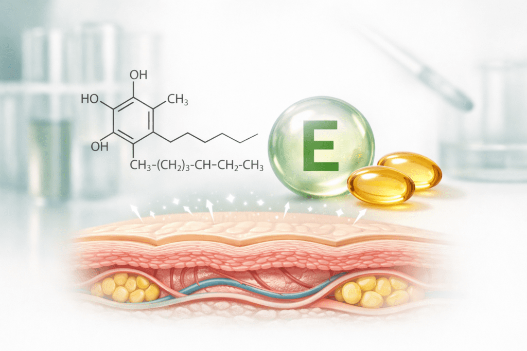Molecular structure of vitamin E tocopherols with skin layer illustration for best vitamin E supplements guide
