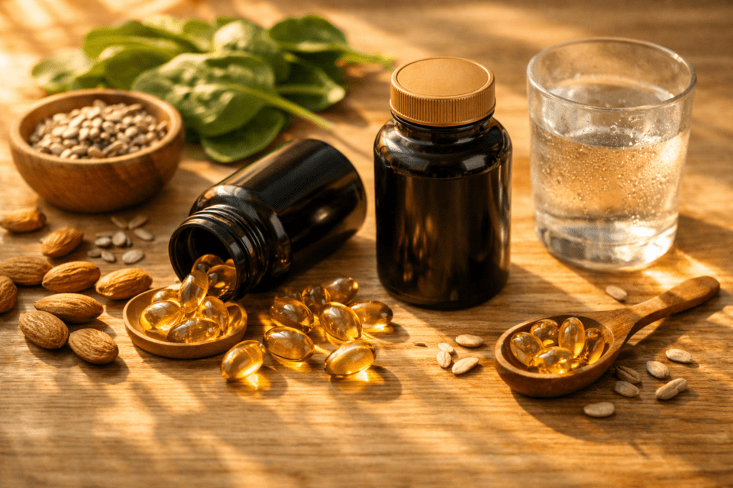 Vitamin E supplement bottles with nuts, seeds, and leafy greens on wooden table for top rated vitamin E comparison