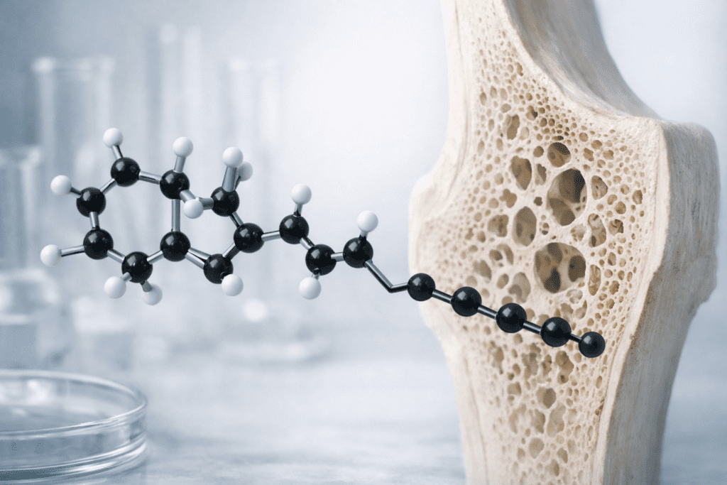 Molecular structure of vitamin K2 MK-7 with bone health illustration in scientific editorial style