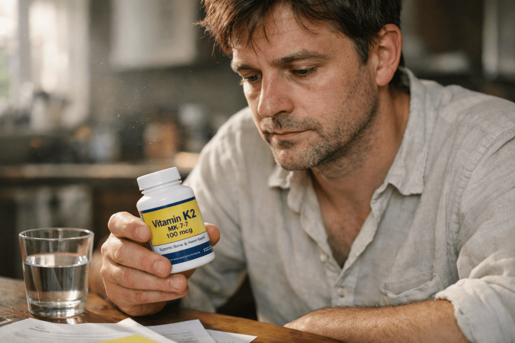 Person examining vitamin K2 MK-7 supplement bottle in natural kitchen lighting with realistic detail