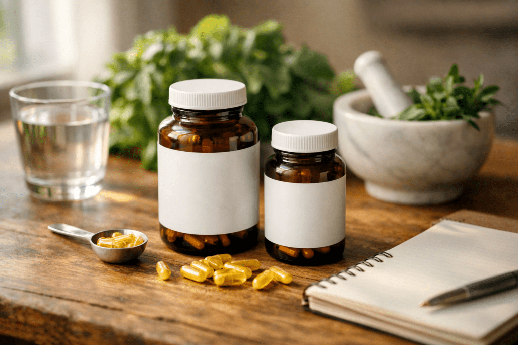 Vitamin K2 supplements with MK-7 capsules, water glass, and leafy greens on wooden table