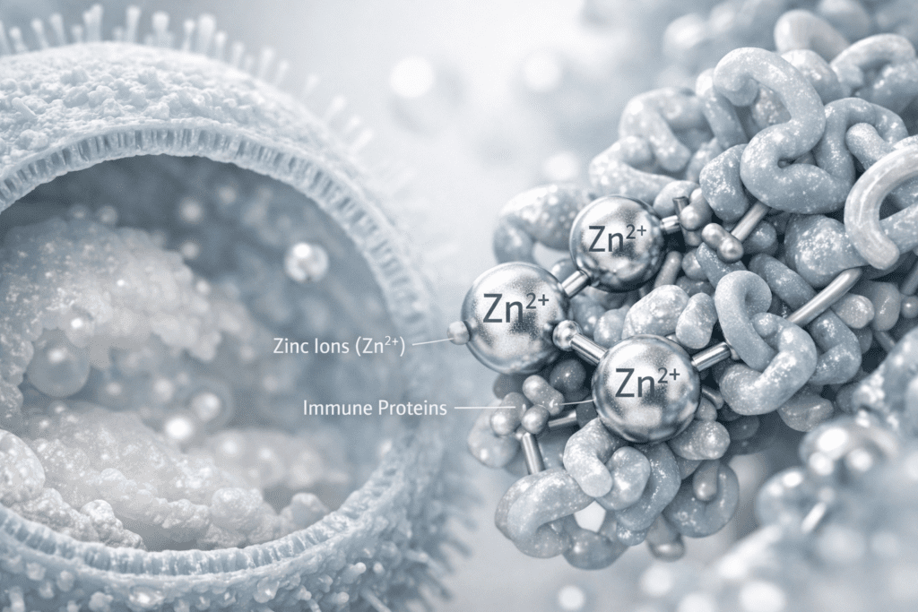 Molecular structure of zinc showing immune cell interaction for zinc supplement benefits