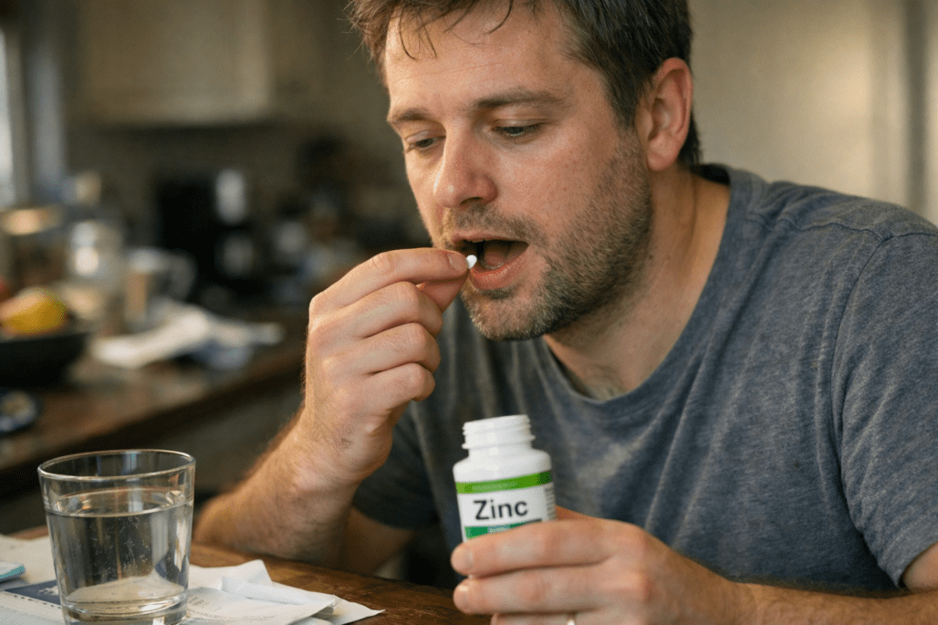 Person taking zinc supplement for immunity support in natural morning light