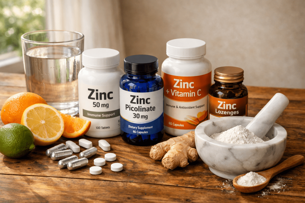 Top zinc supplement brands displayed with water and citrus on wooden table