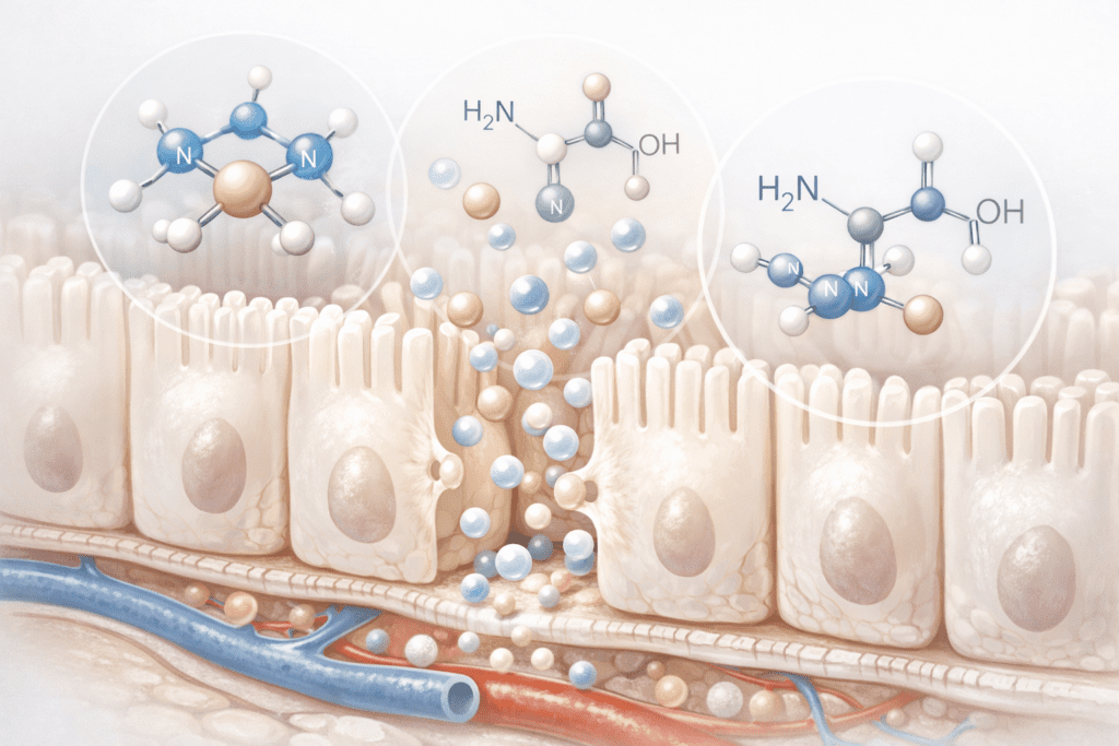 Bioavailable nutrients being absorbed through intestinal wall showing molecular nutrient forms and absorption pathways