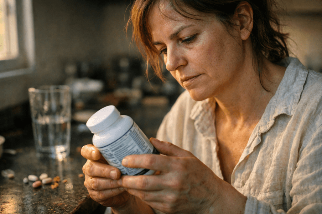 Person examining supplement label in kitchen, learning about nutrient bioavailability and absorption forms