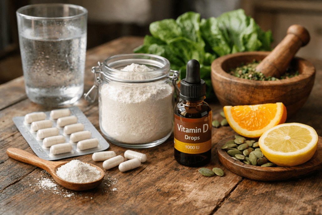 Different supplement forms and nutrient-rich foods arranged on wooden table showing bioavailable nutrient options