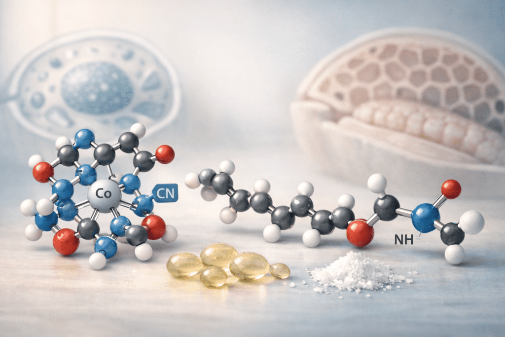 Scientific visualization of budget supplement stack nutrients and molecular structures
