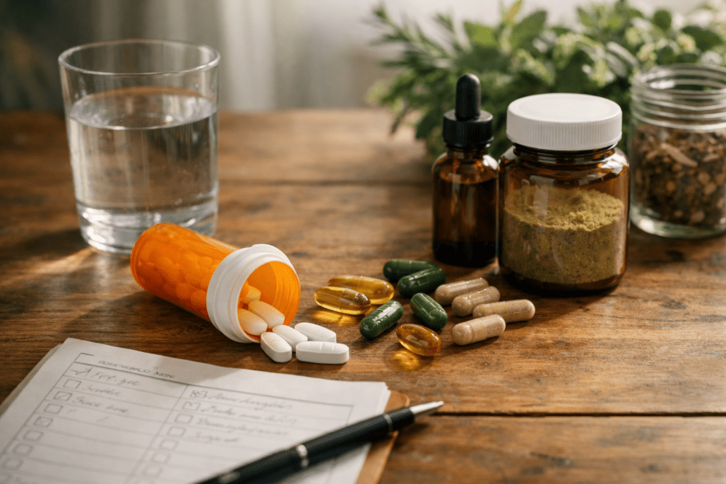 Prescription medication and supplement bottles arranged on wooden table with water glass and checklist