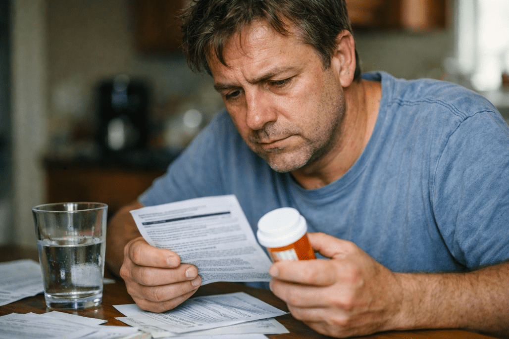 Person reviewing medication and supplement safety information at home kitchen table with natural lighting