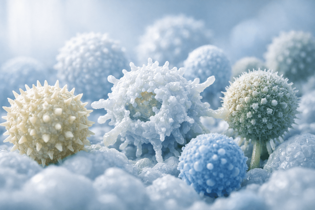 Microscopic view of pollen and immune cells illustrating fall allergy triggers and seasonal immune response