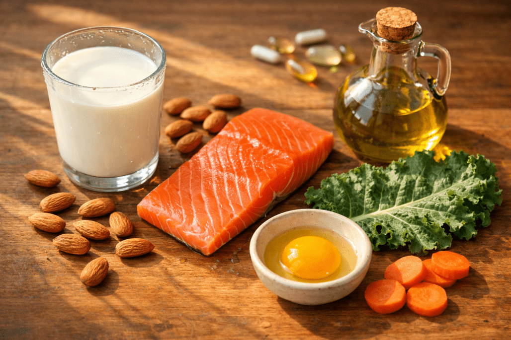 Fat-soluble vitamin food sources including salmon, eggs, leafy greens, nuts, and dairy on wooden table