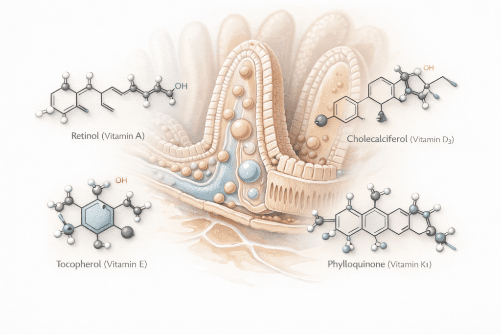Molecular structures of fat-soluble vitamins A, D, E, K with intestinal absorption illustration