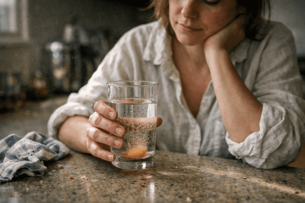 Person taking fat-soluble vitamin supplement with water at kitchen counter in natural light