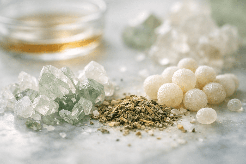 Organic vitamin supplements and plant compounds in scientific macro photography for multivitamin brand comparison