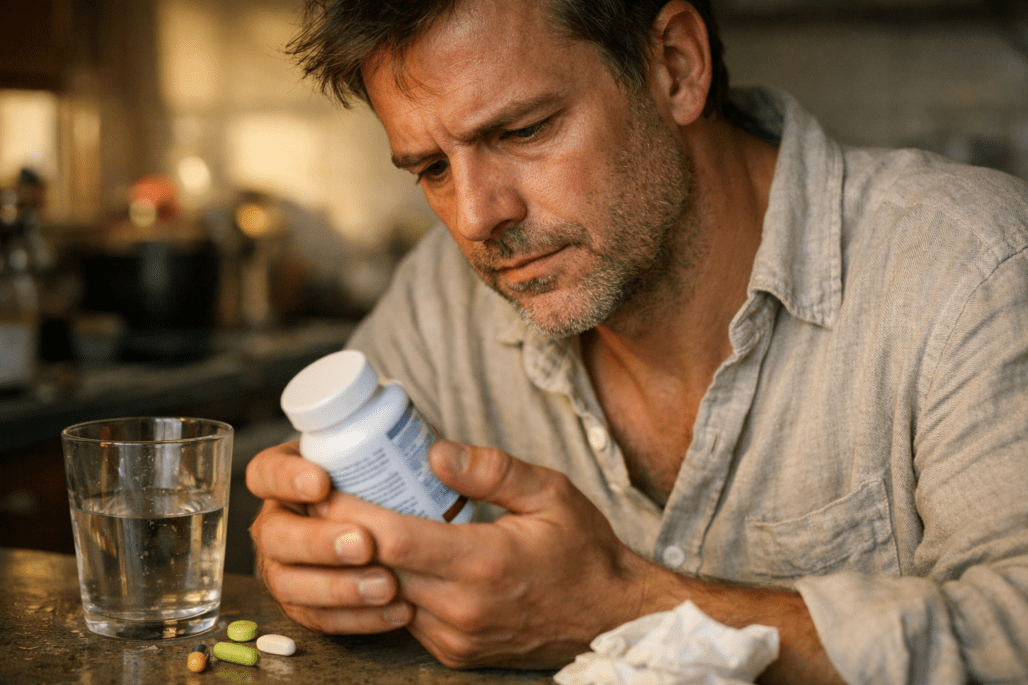 Person reviewing multivitamin supplement label in natural kitchen light for brand selection guide