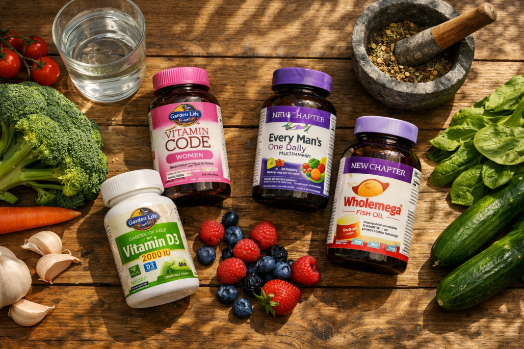 Garden of Life and New Chapter multivitamin bottles displayed with organic ingredients and supplements on wooden surface