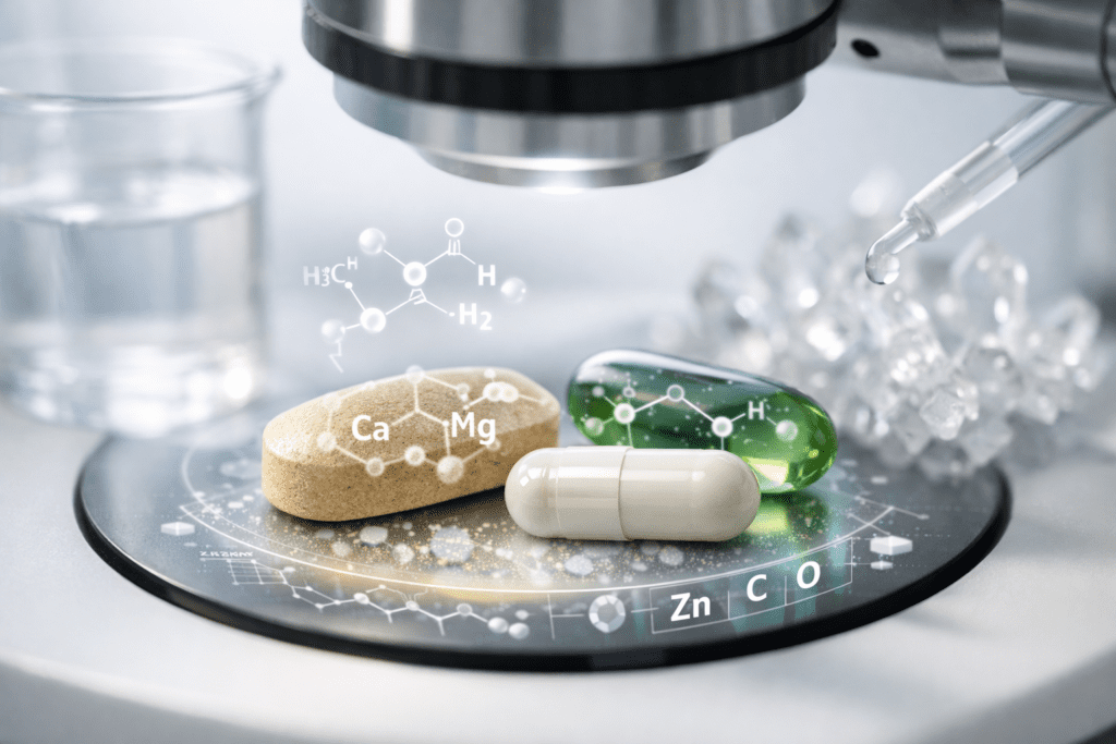 Microscopic view of supplement tablets showing molecular structure and purity testing for generic vs brand supplements