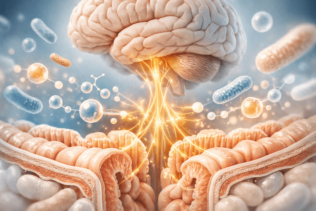 Anatomical visualization of gut-brain axis showing neural connections between intestines and brain with microbiome bacteria