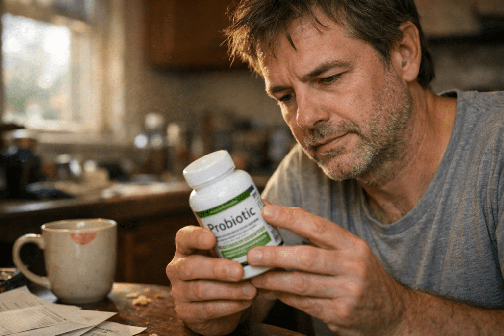Person examining gut health supplement bottle at kitchen table in natural window light