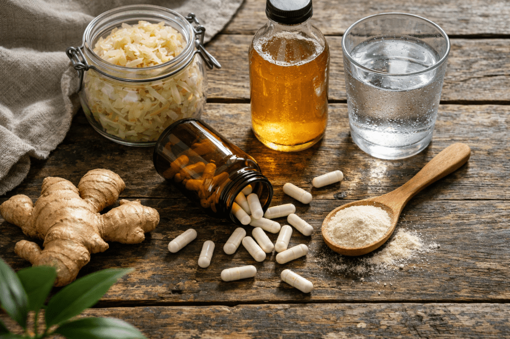 Gut health supplements and probiotic foods arranged on wooden table with water glass and fresh ingredients