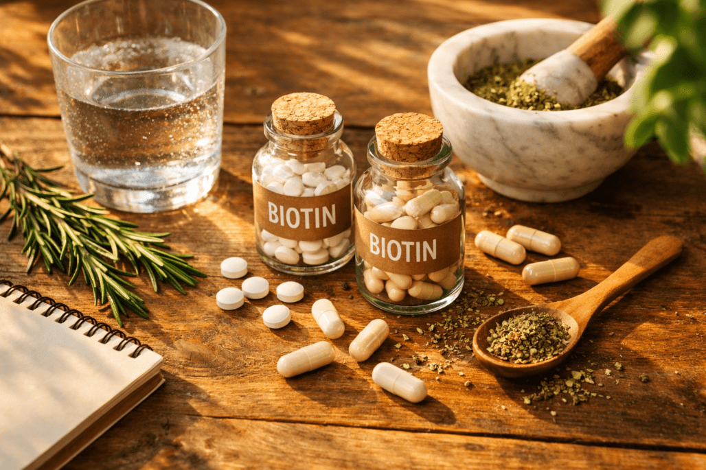 Best supplements for hair loss displayed with biotin vitamins and natural ingredients on wooden surface