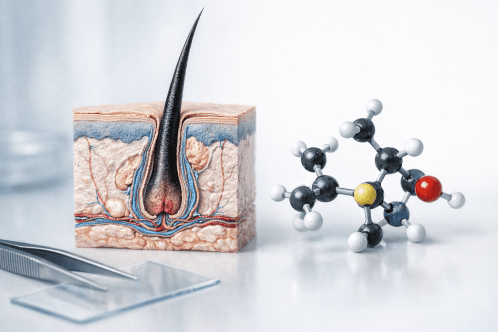 Hair follicle cross-section showing biotin and hair growth vitamins in scientific detail