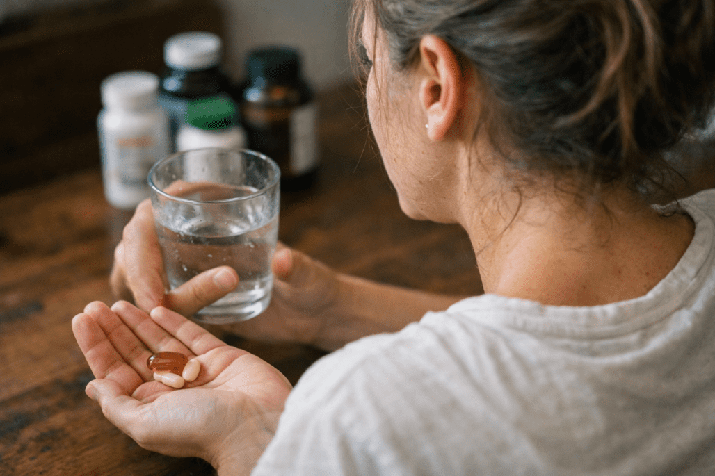 Person taking hair health supplements with water at kitchen table, realistic everyday wellness moment