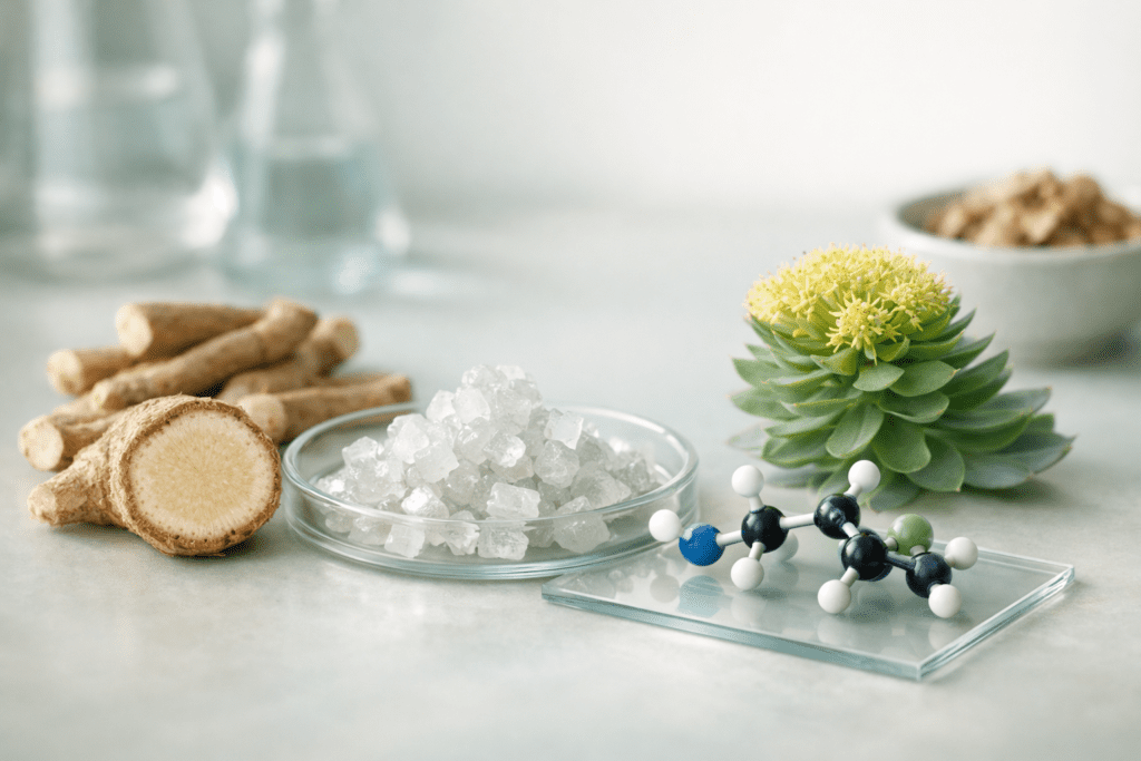 Stress relief vitamins and adaptogenic herbs in scientific cross-section composition for holiday wellness