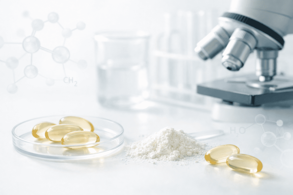 Scientific supplement composition showing Jarrow Formulas capsules with molecular structures and laboratory elements