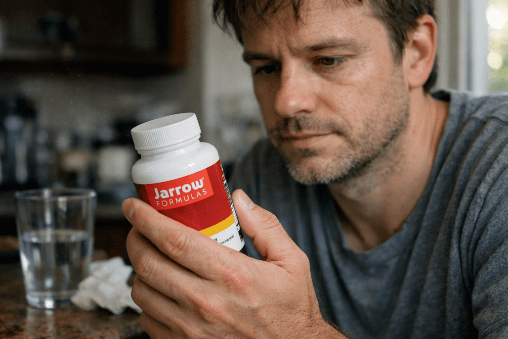 Person reviewing Jarrow Formulas supplement bottle in realistic home kitchen setting with natural lighting