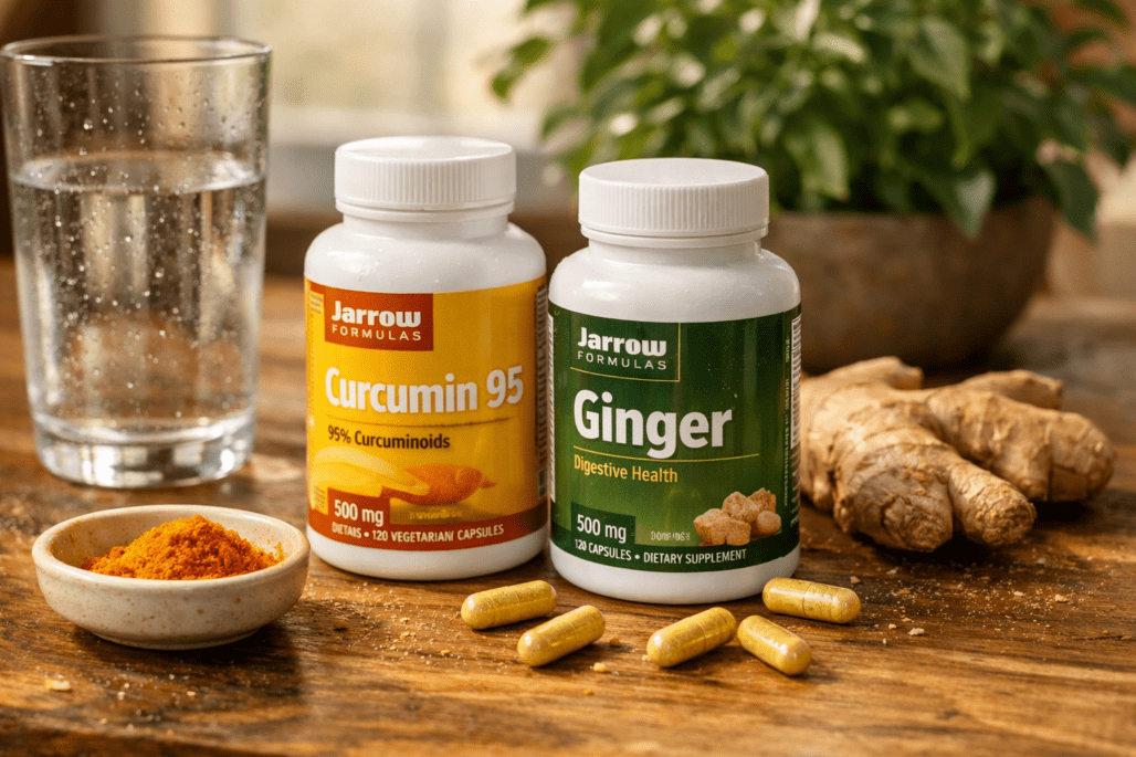 Jarrow Formulas supplements displayed with water glass and natural ingredients on wooden surface