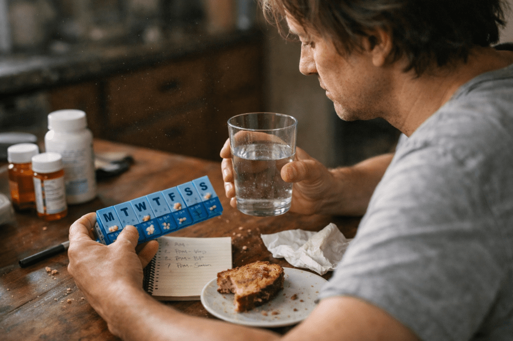 Person checking medication timing schedule with pill organizer and water at kitchen table