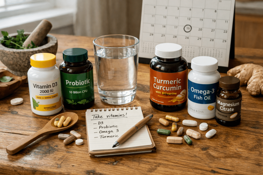 Supplement bottles and medication arranged on table with water glass and timing notes