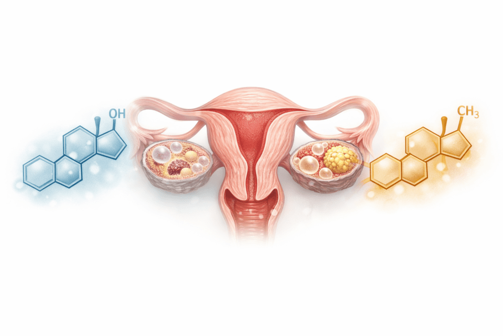 Hormonal system illustration showing menopause supplement targets and hormone balance pathways
