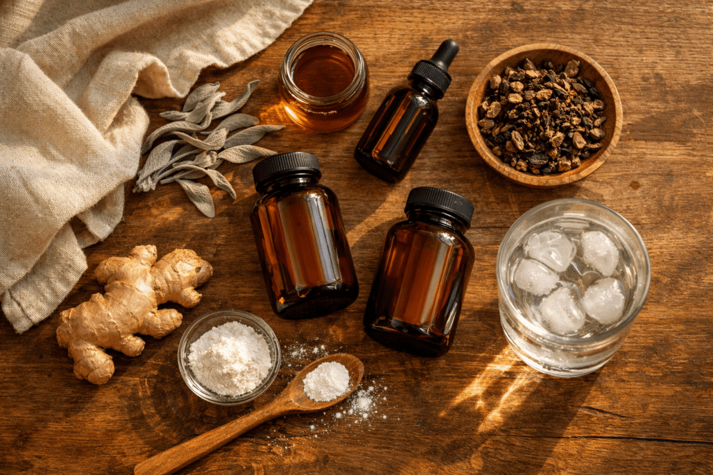 Menopause supplement bottles and natural ingredients arranged on wooden table with herbs
