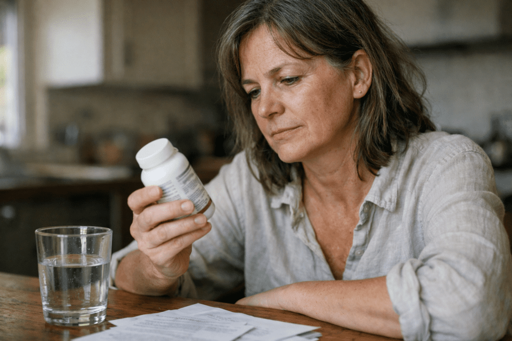 Woman examining menopause relief supplement bottle at kitchen table in natural light