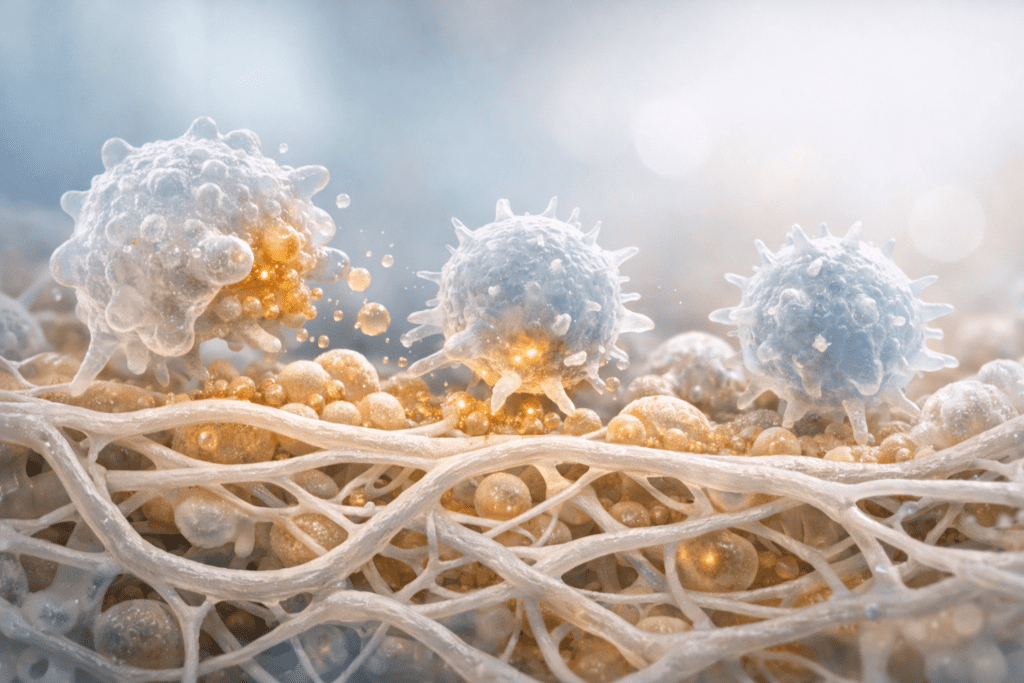 Microscopic view of medicinal mushroom structure showing immune cell interaction and antioxidant compounds