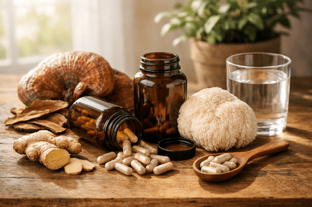 Mushroom supplement bottles and dried medicinal mushrooms arranged on wooden table with water glass