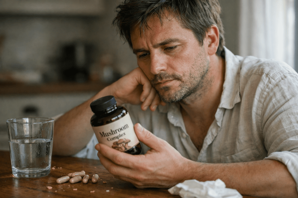Person examining mushroom supplement bottle at kitchen table with natural window lighting