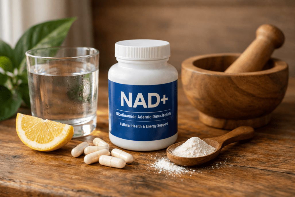 NAD+ supplement capsules and powder with water glass on wooden table for cellular energy support