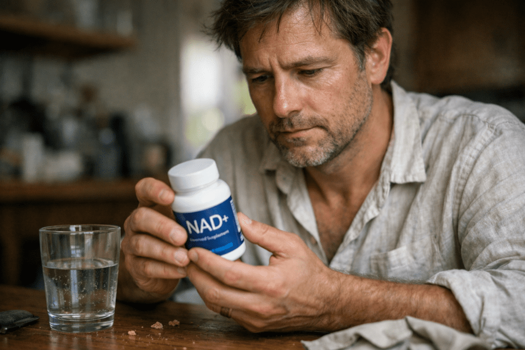 Person examining NAD+ supplement bottle at home for anti-aging cellular energy benefits