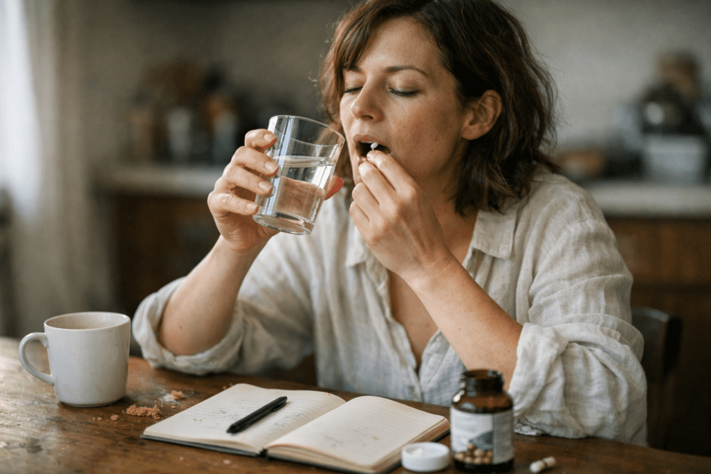 Person taking nootropic supplement with water at morning kitchen table for cognitive enhancement routine