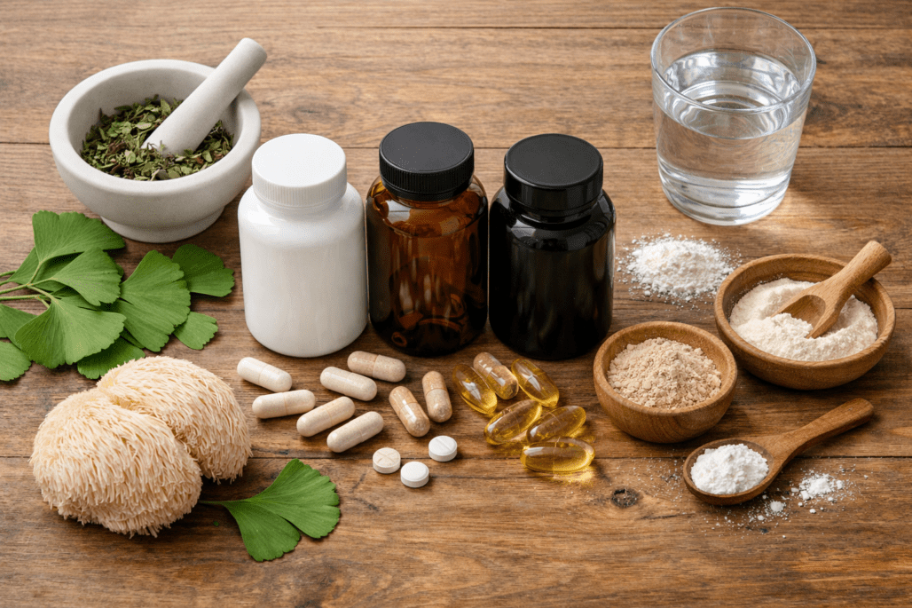 Nootropic supplement bottles and brain-supporting ingredients arranged on wooden table for cognitive enhancement guide