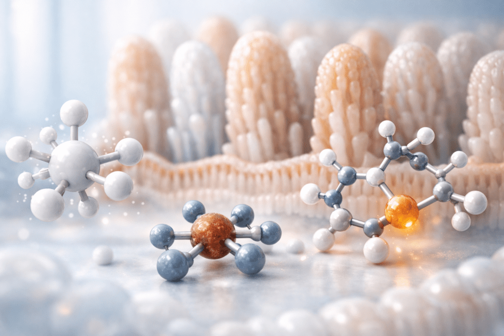 Molecular structures showing nutrient interactions and vitamin absorption at cellular level