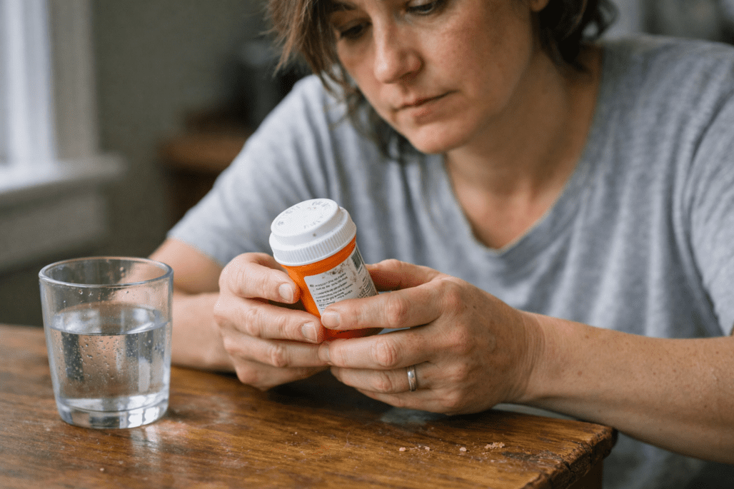 Person reviewing supplement bottle and medication interactions during morning routine
