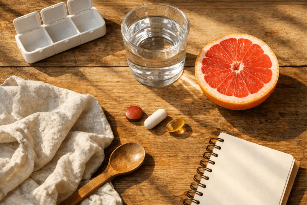 Supplement bottles and nutrients arranged on wooden table showing proper timing and combinations