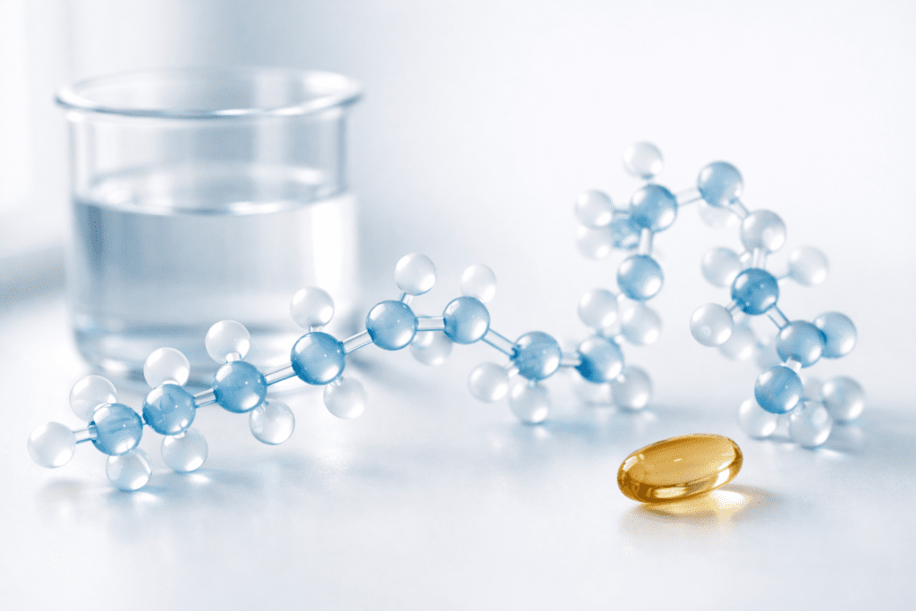 Omega-3 molecular structures and fish oil capsule in scientific editorial style