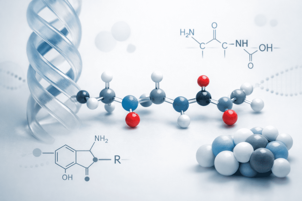 Molecular structure of amino acid peptides and collagen peptide chains in scientific illustration style